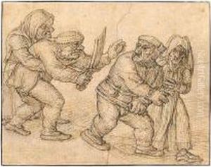 Two Peasants Fighting, Their Wives Trying To Restrain Them. by Jan Verbeeck