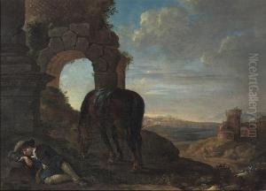 A Young Man Sleeping In An Italianate Landscape, His Horse Standingnearby