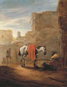 A Horse And Traveller Resting On A Road With Ruins Beyond by Pieter Cornelisz. Verbeeck
