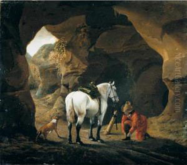 A Man Doing Up The Lace Of His Shoe, With A Grey Horse And Dog At The Entrance To A Cave - view 1