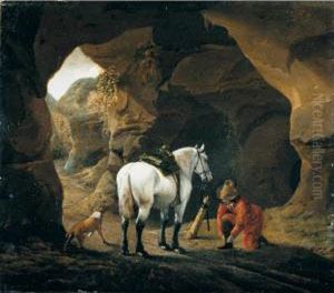 A Man Doing Up The Lace Of His Shoe, With A Grey Horse And Dog At The Entrance To A Cave