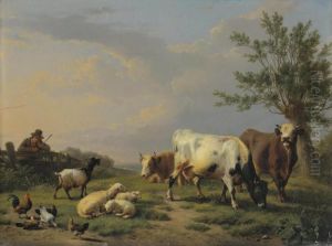 A Farmer With Three Cows, Three Sheep, One Goat And Five Chickens In A Landscape