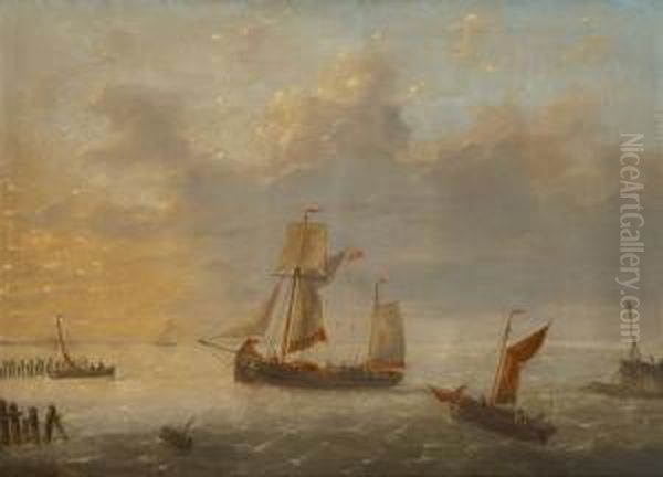Huile Sur Panneau: Retour Des Pecheurs Au Coucher Du Soleil - view 1