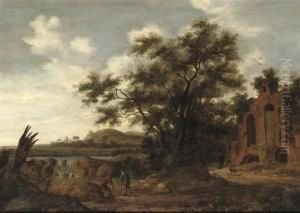 A Wooded River Landscape With Travellers Near Ancient Ruins by Adriaen Hendricksz. Verboom