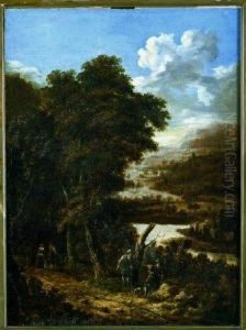 An Extensive Heavily Wooded River Landscape With Travelers