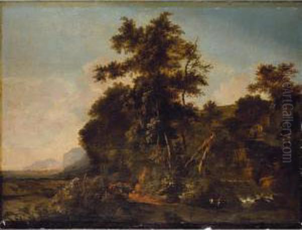 A Herdsman With Cattle In An Extensive Landscape - view 1