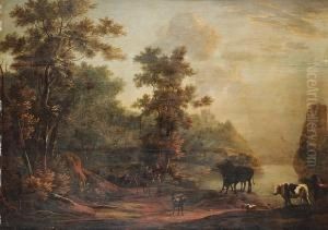 A Wooded Landscape With Travellers On A Path Beside A Lake A Wooded Landscape With Travellers On A Path Beside A Lake
