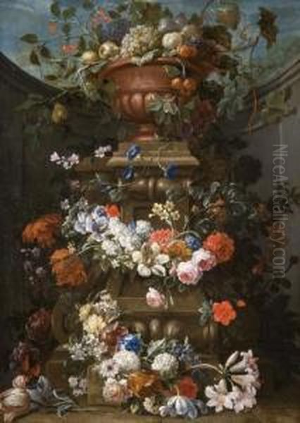 Guirlandes De Fleurs Entourant Un Socle Et Un Vase Defruits - view 1