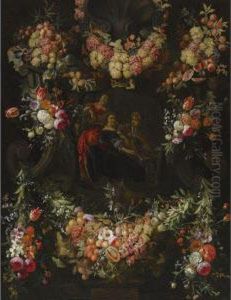 A Garland Of Fruit And Flowers Around A Stone Cartouche Withelegant Figures Making Music by Caspar Pieter I Verbrugghen