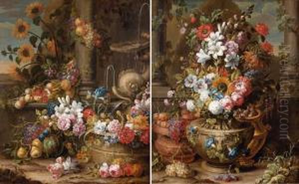 Fontaine Au Dauphin Decoree De Fleurs Et De Fruits Fleurs Et Fruits Dans Des Vases Sculptes - view 1