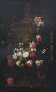 Floral Garlands On A Stone Urn, Upon A Ledge by Gaspar-pieter The Younger Verbruggen
