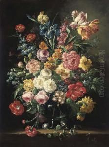 Parrot Tulips, Roses, Morning Glory And Other Flowers In A Glass Vase, On A Stone Ledge by Gaspar-pieter The Younger Verbruggen