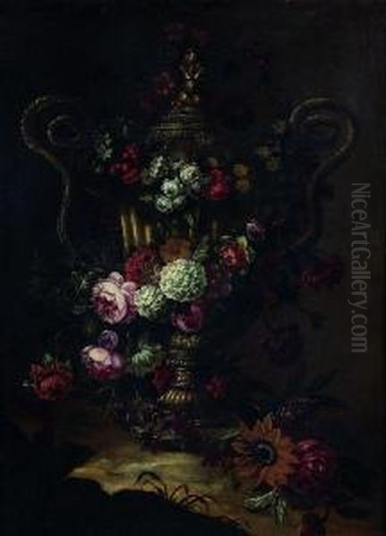 Bouquet De Fleurs Dans Un Vase En Bronze A Anses - view 1