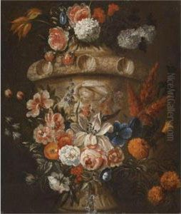 A Pair Of Still Lifes With Garlands Of Roses, Lilies, Tulips Andother Flowers Decorating Stone Rilievo Urns A Pair Of Still Lifes With Garlands Of Roses, Lilies, Tulips Andother Flowers Decorating Stone Rilievo Urns
