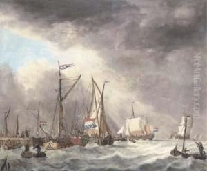 A Harbor Scene With Ships In Stormy Waters
