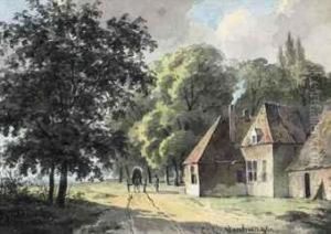 A Carriage And A Figure Near A Farmhouse by Cornelis Gerrit Verburgh