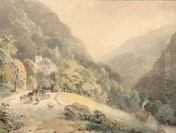 A Herdsman With His Cattle In A Mountainous Landscape - view 1