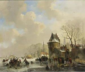 A Winter Landscape With Many Figures On The Ice