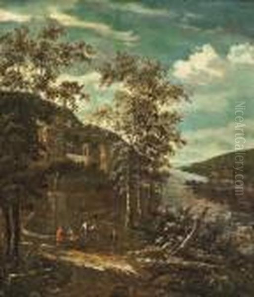 A Wooded River Landscape With Figures And A Horse At A Fountain, A Walled City Beyond - view 1