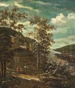 A Wooded River Landscape With Figures And A Horse At A Fountain