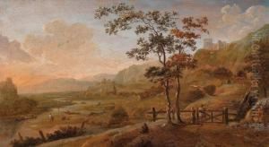 Weite Flusslandschaft Mit Hochgelegener Ruine