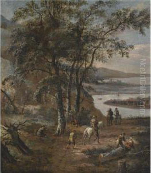 A Northern Wooded River Landscape With Travellers On A Path - view 1