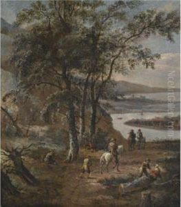 A Northern Wooded River Landscape With Travellers On A Path
