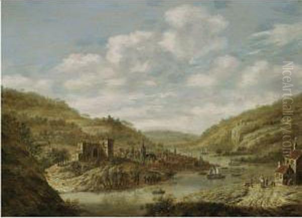 An Extensive River Landscape With A View Of A Town, Figures On Apath In The Foreground - view 1