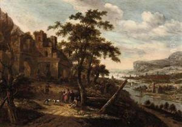 An Extensive Rhine Landscape With Figures Conversing Outside A Towngate - view 1
