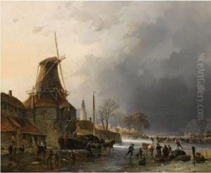 A Winter Landscape With Many Figures And Horse Sledges On The Ice By A Windmill A Winter Landscape With Many Figures And Horse Sledges On The Ice By A Windmill