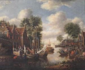Dutch River Scene With A Pleasure Party Making Merry by Rutger Verburgh