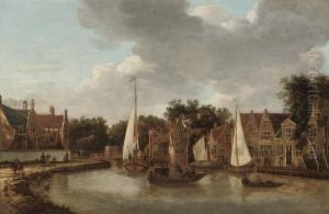 A View Of Amsterdam With Ferries Crossing A River