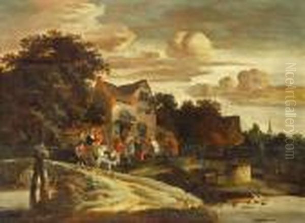 A Village Scene With Figures Carousing Outside An Inn - view 1