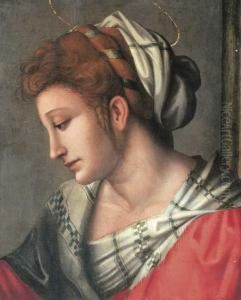 A Female Saint, Bust-length, In A Red Dress With A Whiteheaddress