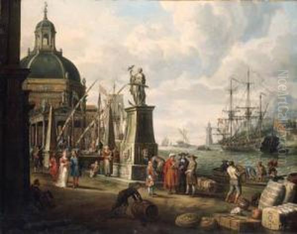 A Capriccio Of A Mediterranean Harbour With Merchants, An Elegantcouple On The Quayside, Before A Statue Of Hope And A Baroquechurch, A Lighthouse, A Dutch Man-o-war, And Other Shippingbeyond - view 1