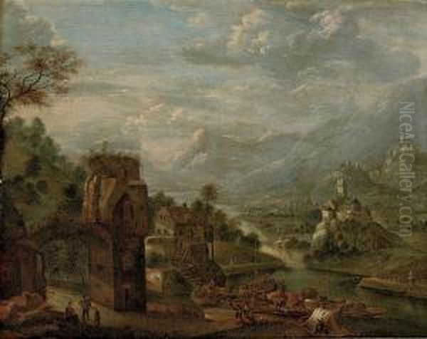 An Extensive River Landscape With Merchants Unloading Their Cargo On A Quay, Mountains Beyond - view 1