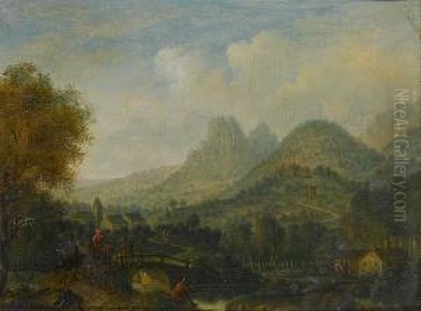 A Mountainous River Landscape With A Horsemen Crossing A Bridge; And A Mountainous Landscape With A Watermill In The Foreground - view 1