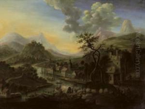 A Rhenish River Landscape With A Ferry And Other Boats, A Town Beyond