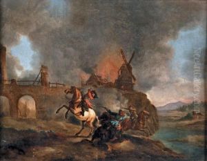 Choc De Cavalerie Devant Un Moulin by Jan Peeter Verdussen