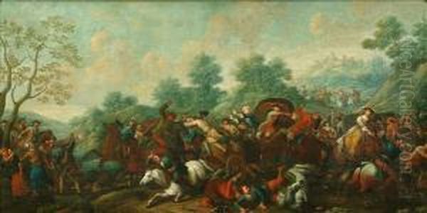 Brigandsattacking A Party Of Travellers, In An Italianate Landscape, A Hilltown In Distance - view 1