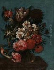 Narcissi, Roses, Tulips And Other Flowers In A Glass Vase On A Table Top With A Chaffinch by Cornelis Verelst