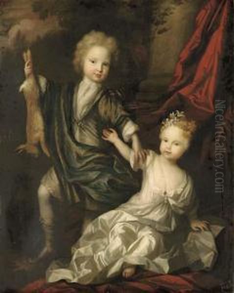 Double Portrait Of A Boy And A Girl Of The Lister Family, Full-length, The Boy Holding A Hare In His Right Hand, The Girl In A White Dress, With Flowers In Her Hair, Seated On A Cushion, A Red Curtain And Landscape Beyond - view 1