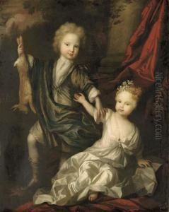 Double Portrait Of A Boy And A Girl Of The Lister Family, Full-length, The Boy Holding A Hare In His Right Hand, The Girl In A White Dress, With Flowers In Her Hair, Seated On A Cushion, A Red Curtain And Landscape Beyond