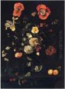 Still Life Of Roses, Poppies, Irises And Other Flowers In A Glass Vase, With Apricots And Cherries On A Ledge by Herman Verelst