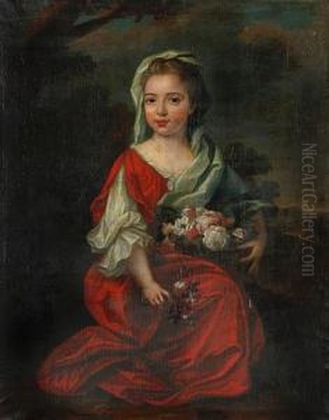 Portrait Of A Young Girl, Seated Before A Landscape, Wearing Red Dress And Holding Bowl Of Flowers - view 1