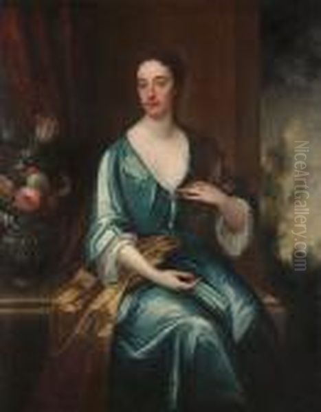 Portrait Of A Lady, Said To Be Baroness Cutts, Three-quarter-length, In A Blue Dress With A Vase Of Flowers On A Draped Table Beside Her - view 1