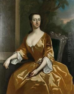 Portrait Of A Lady In A Yellow Dress Seated, With A Wooded Landscape Beyond by Maria Verelst
