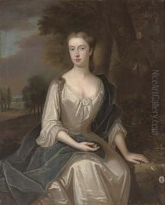 Portrait Of A Lady, Traditionally Identified As Mrs Chetham (1691-1749), Nee Mary Holt, Three-quarter-length, In An Oyster Satin Dress And Blue Wrap, Seated In A Landscape by Maria Verelst