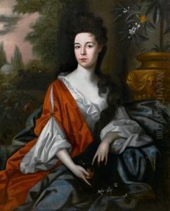 Portrait Of A Lady, Said To Be Miss Parkyns, Three-quarter-length, In A Red Dress With A Blue Wrap, Seated Beside An Urn With An Orange Tree, A Park Landscape Beyond by Maria Verelst