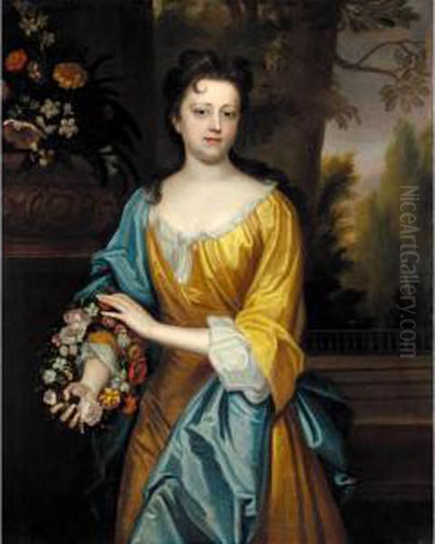 Portrait Of Miss Lowe, Probably Mrs Richard Marriott, Three-quarter Length, Standing, Wearing A Yellow And White Dress, Holding A Wreath Of Flowers, An Urn Of Her Flowers Beside - view 1